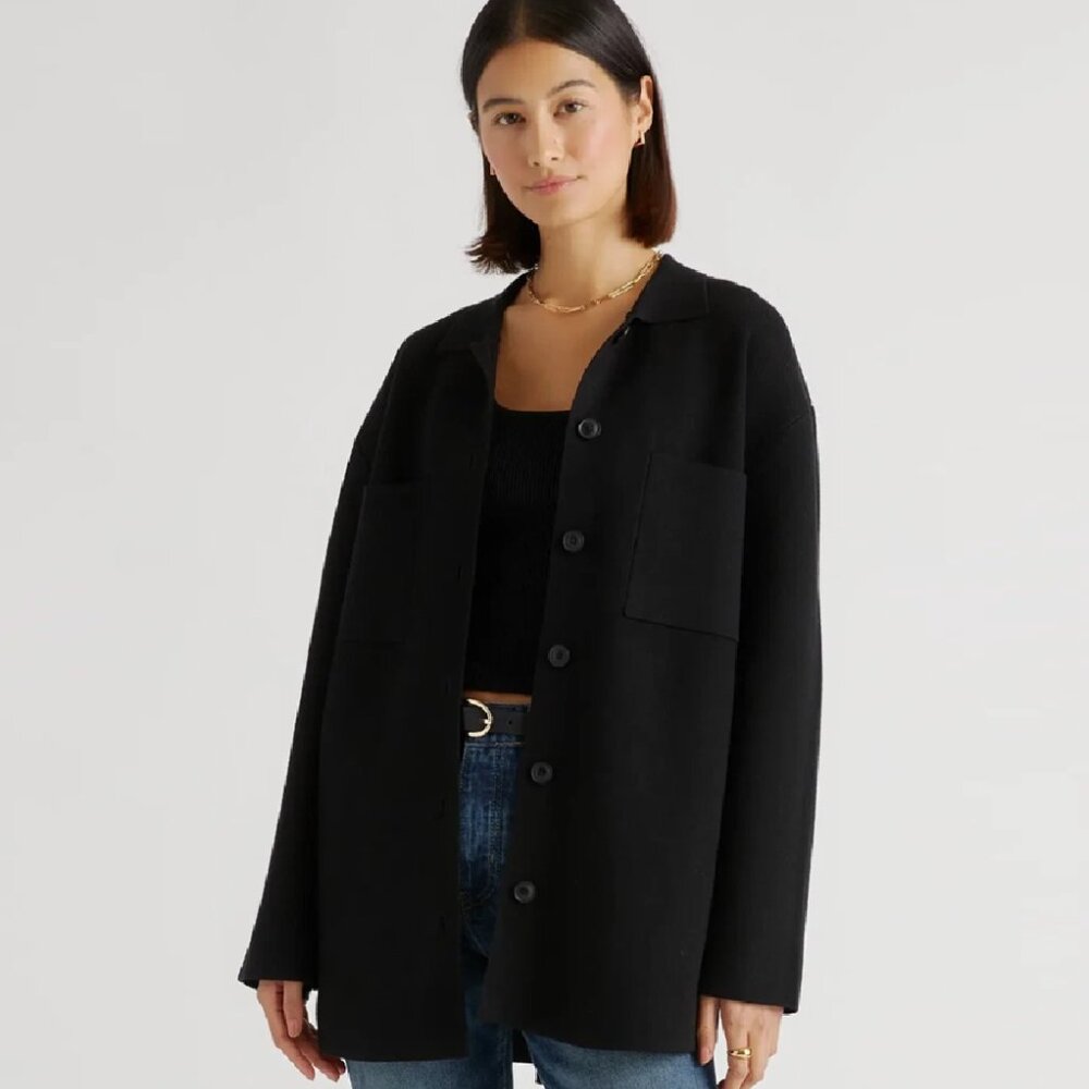 Quince Women's Eco-Knit Milano Stitch Shirt Jacket Oversized Shacket sz XS Black